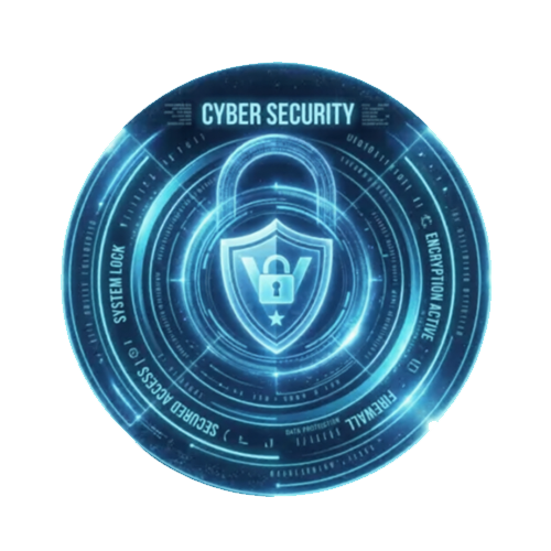 CyberSecurity_400 Circular cyber security illustration featuring a glowing shield with a lock, surrounded by digital rings and the label 'CYBER SECURITY'.