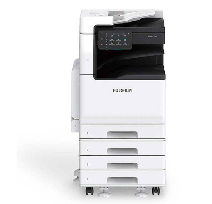 Fujifilm white multifunction printer with four paper trays and a touchscreen control panel on top front.