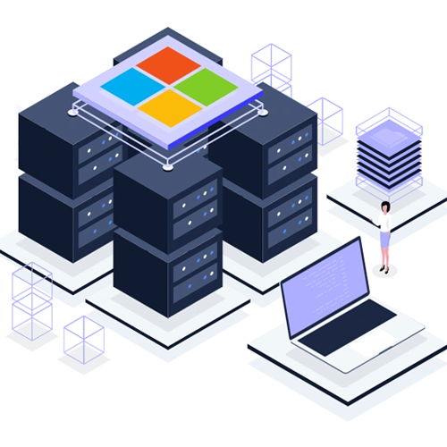 Rete2 Isometric data center with server racks, a laptop, and a platform featuring four colored tiles (blue, red, yellow, green).